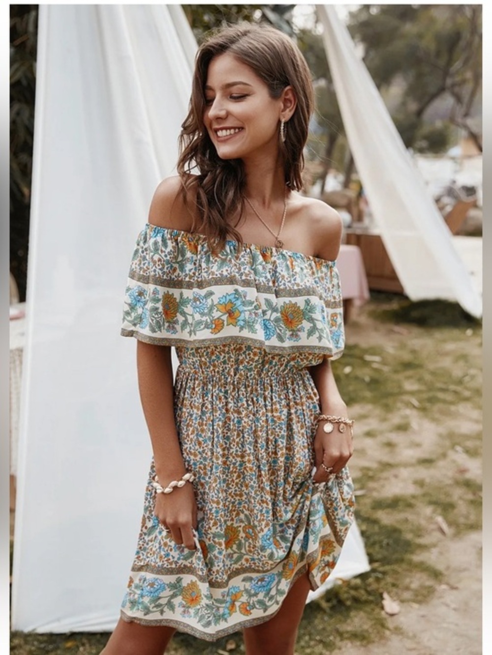 Summer Boho Beach Mini Dress Casual off shoulder Flowy Ruffle Bohemian L